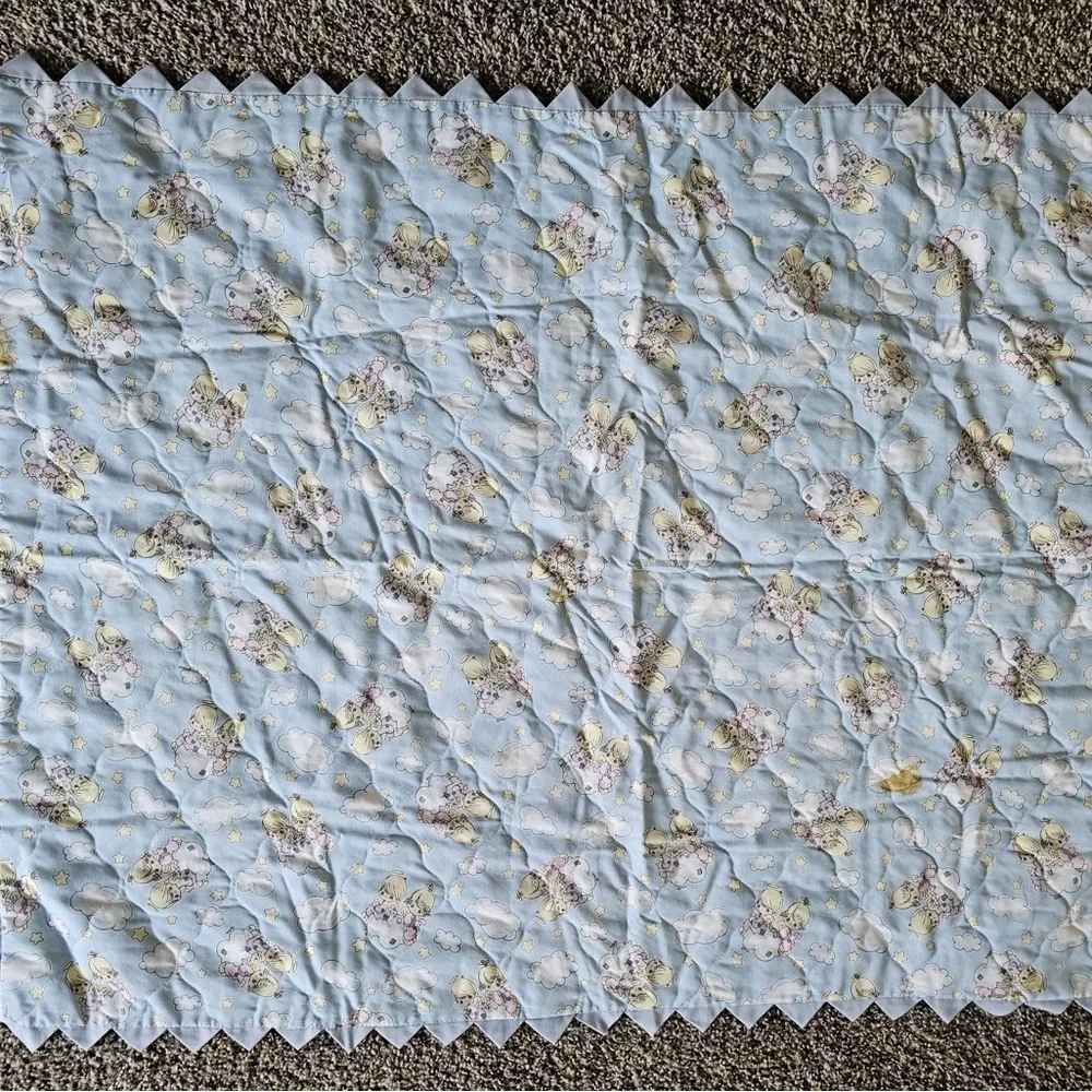 Vintage precious moments Baby Blue Angel Print Scalloped age baby blanket
